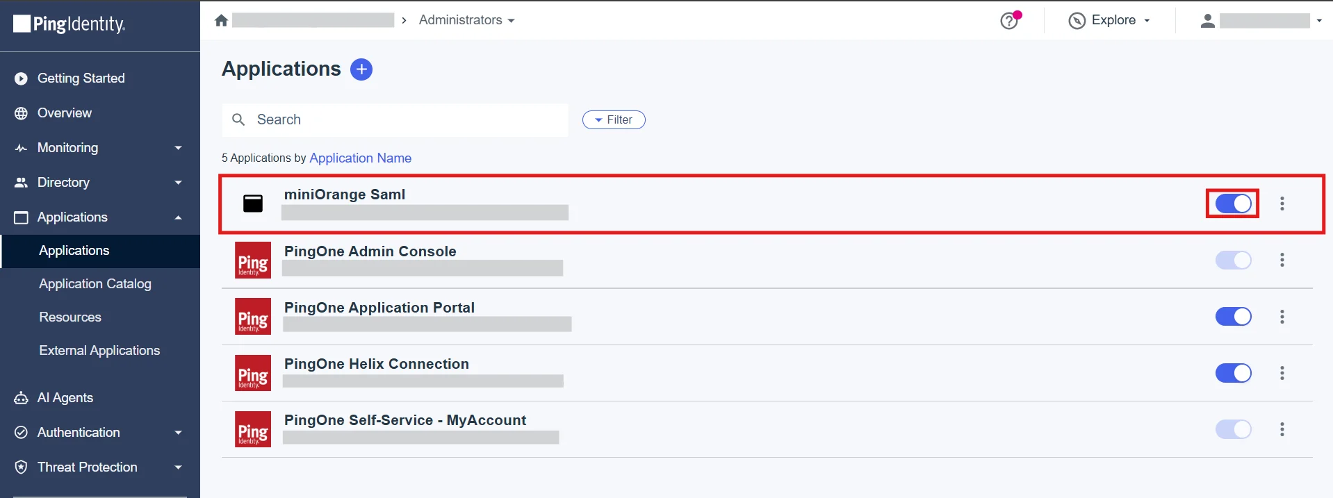 PingIdentity All Applications Section