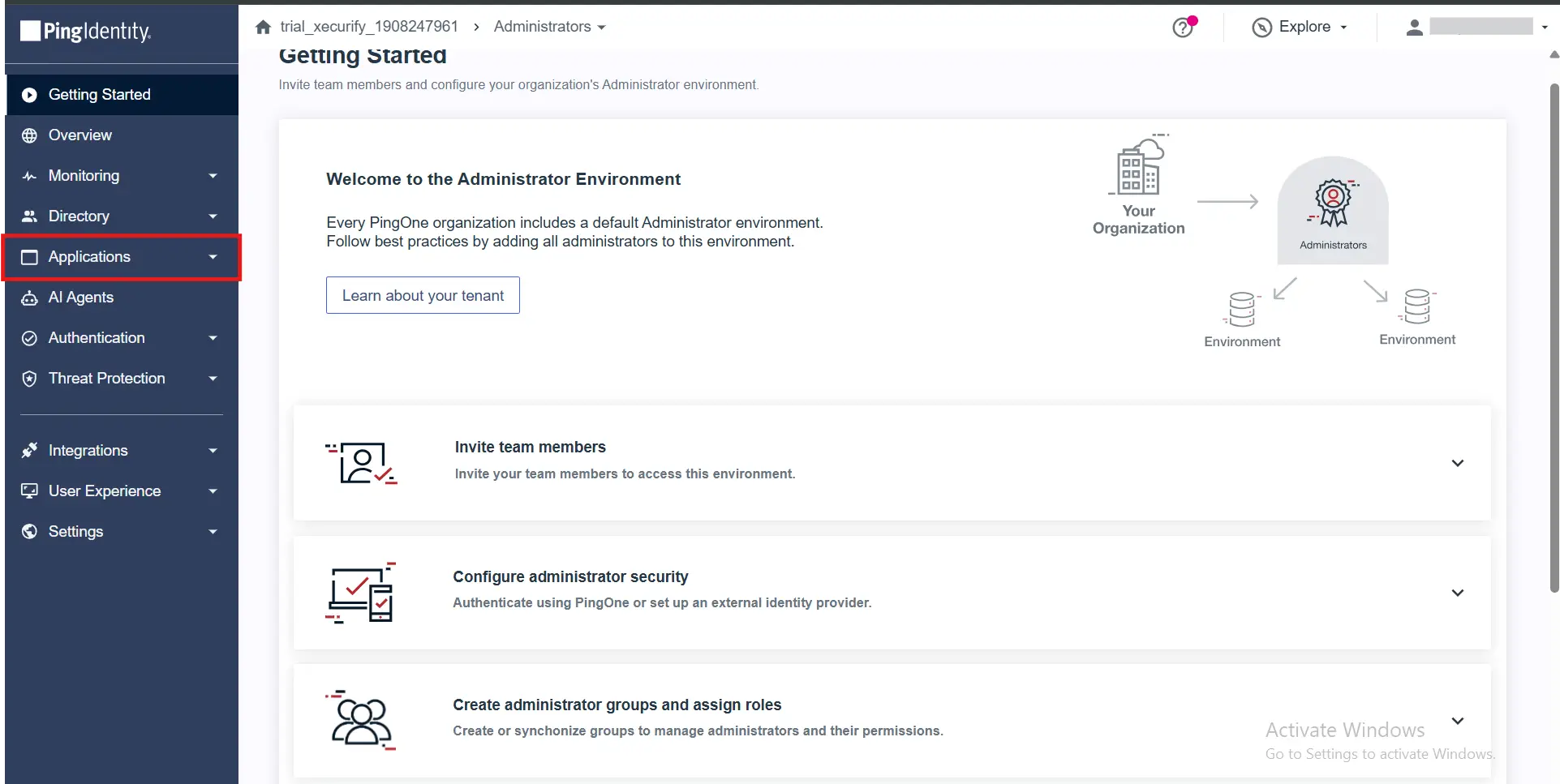 PingIdentity Applications Section