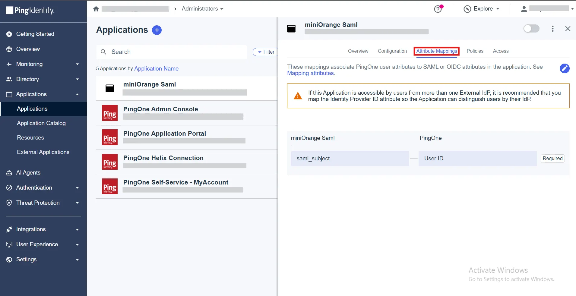 PingIdentity SAML Attribute Mappings Section