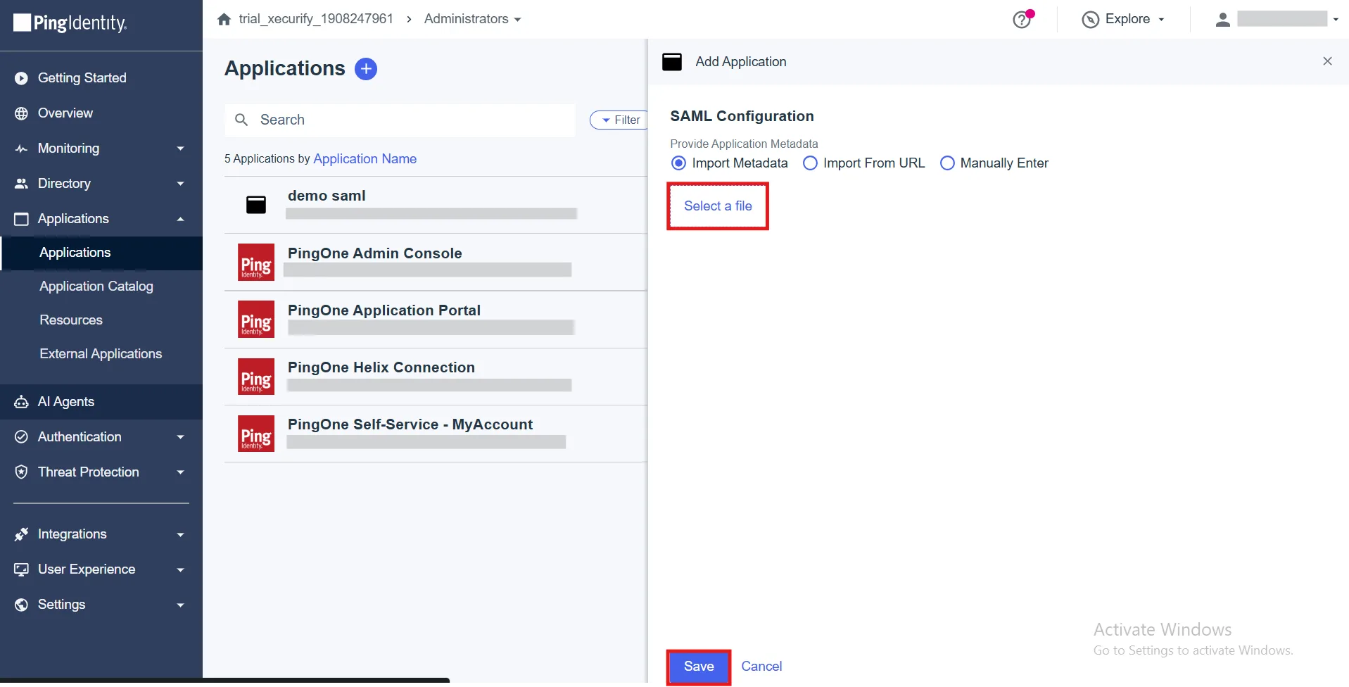 PingIdentity SAML Configuration Section