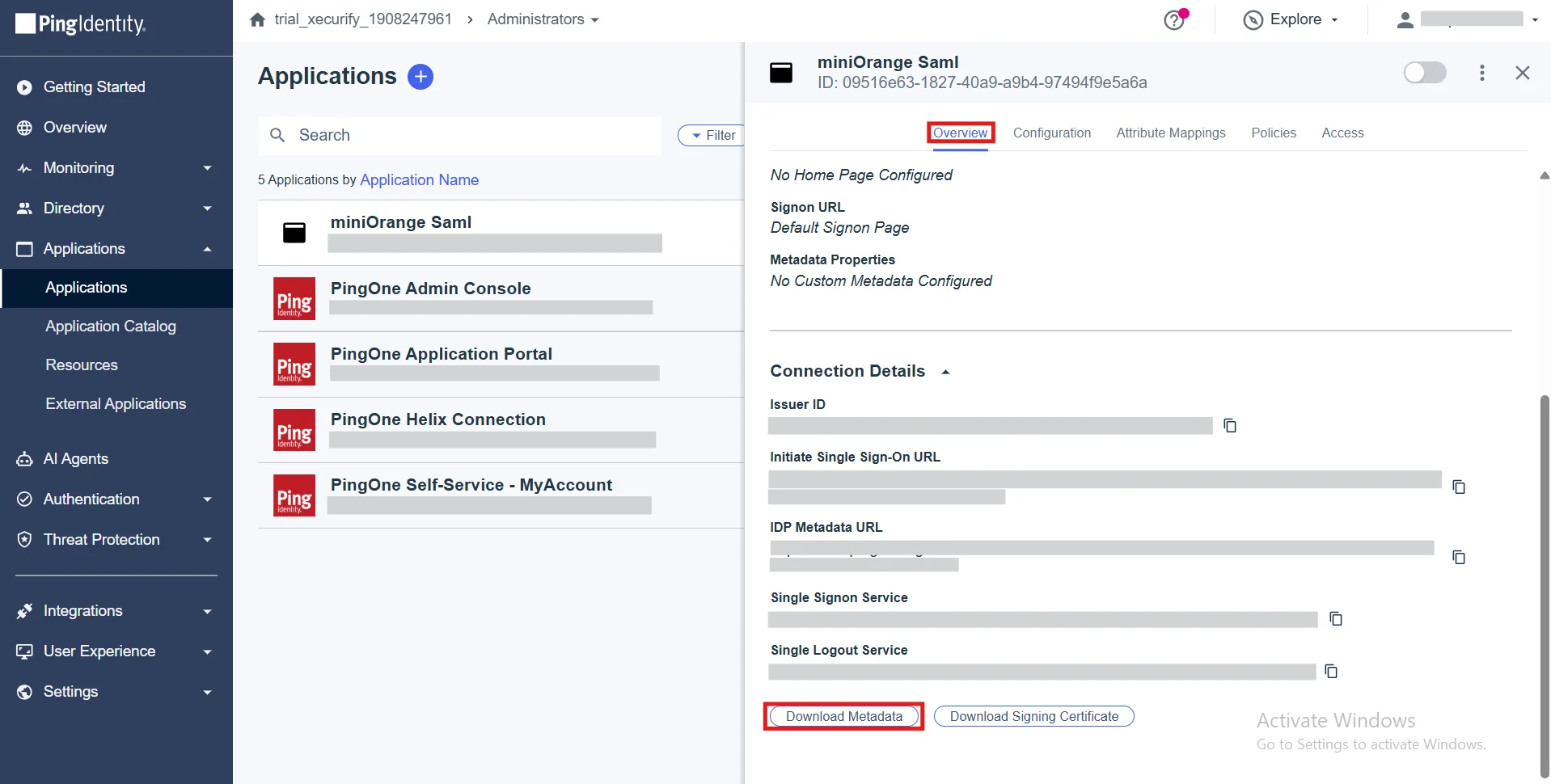PingIdentity SAML Metadata Section