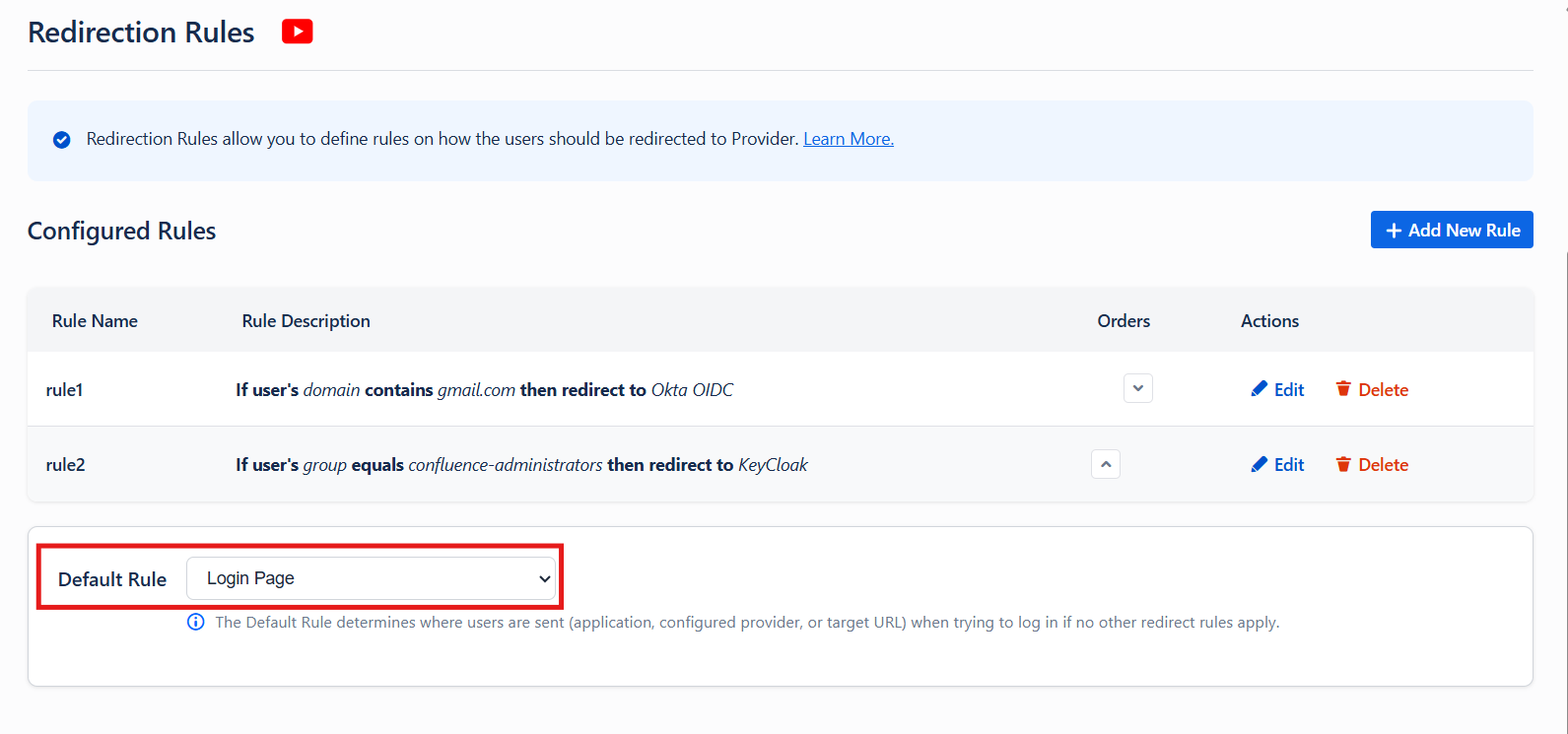 Redirection Rules list with domain and group rules plus Default Rule set to native login page