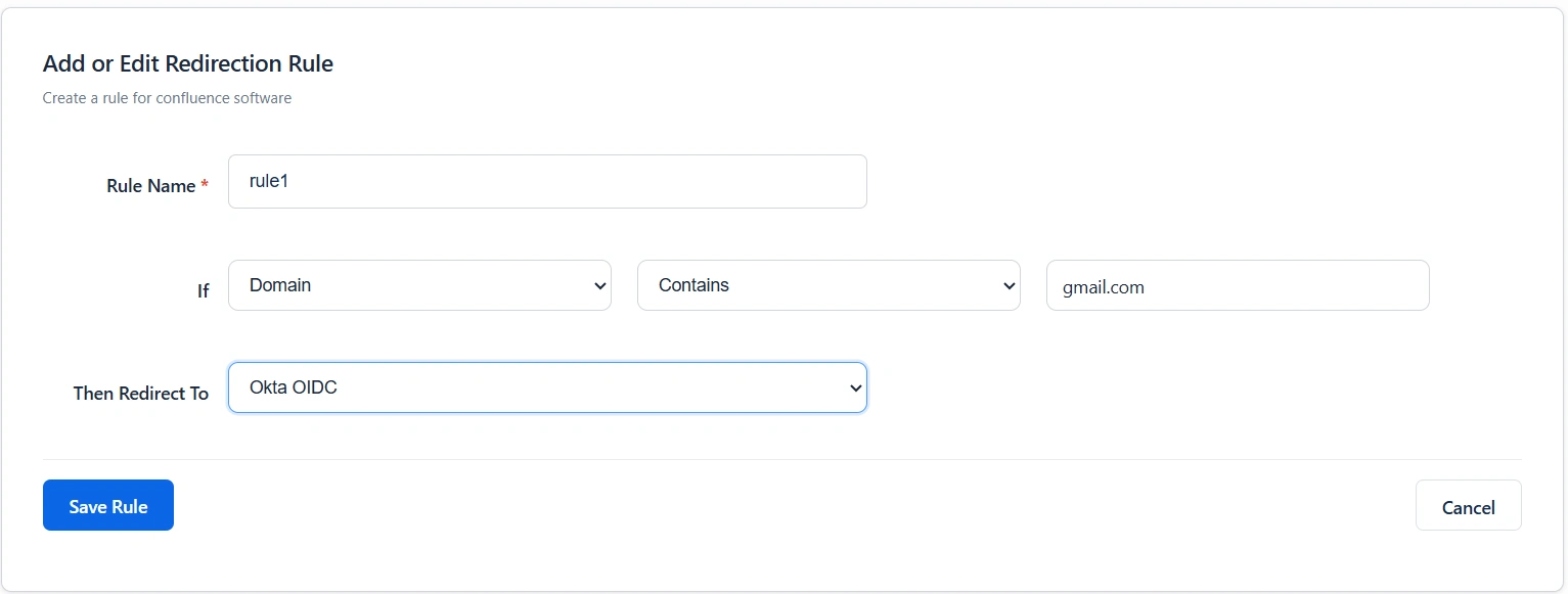 Add New Redirection Rule modal with Email Domain gmail.com redirecting to Okta