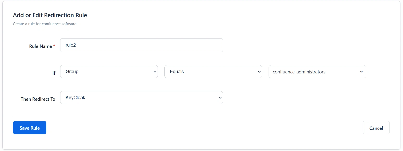 Add New Redirection Rule modal with Group confluence-administrators redirecting to Keycloak