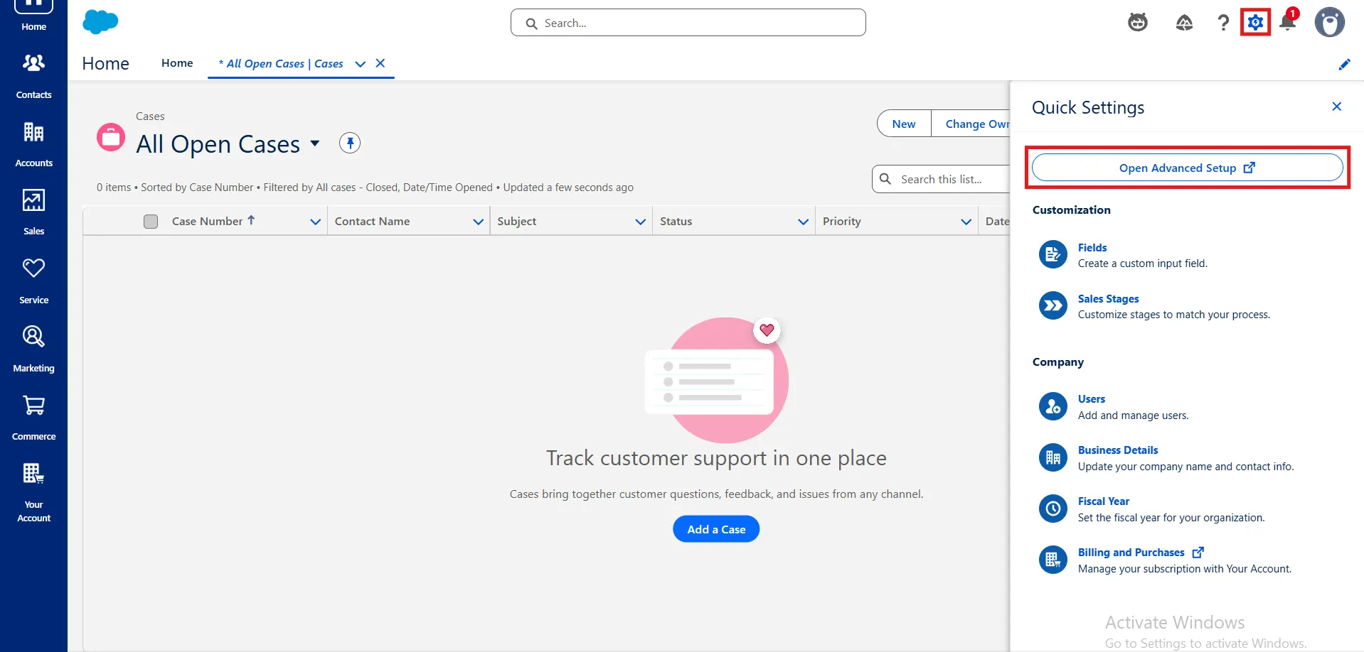 Salesforce open advanced setup