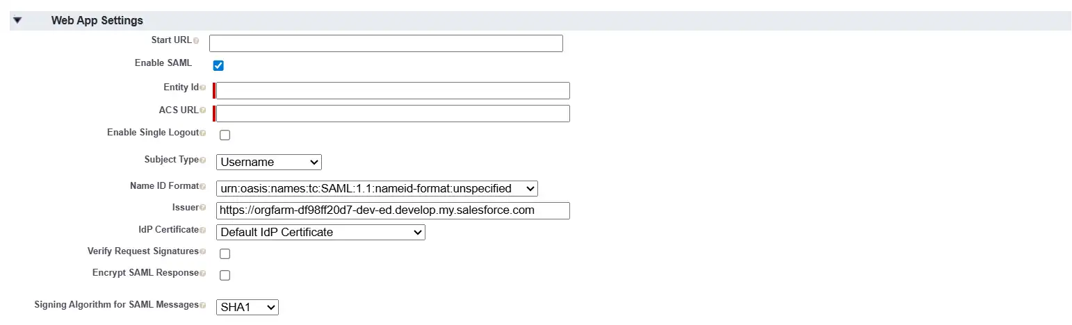 Salesforce web app settings