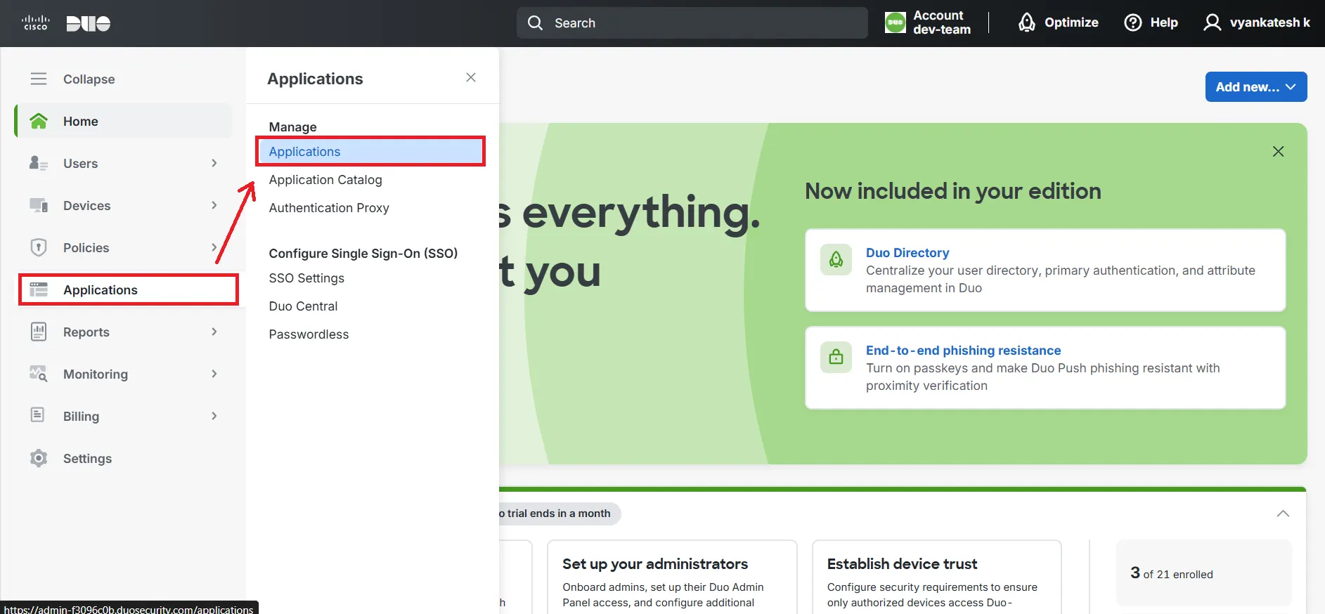 DUO Admin dashboard applications section