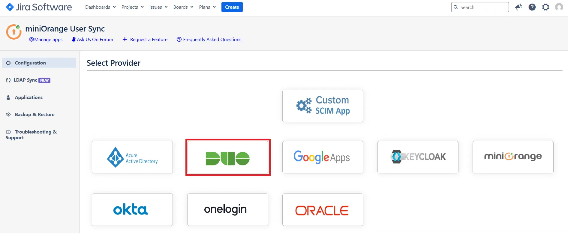 Select DUO IDP in User Provisioning/Sync for Jira plugin configuration