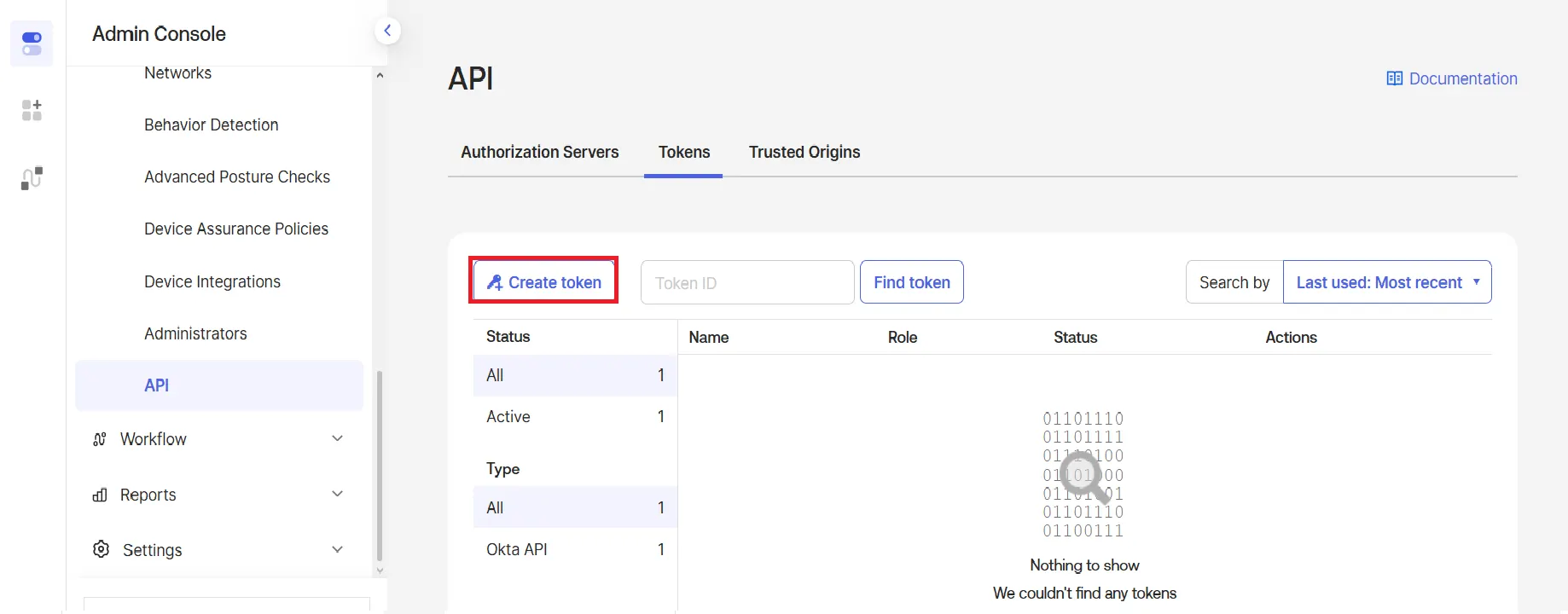 Click Create Token in Okta Admin Console