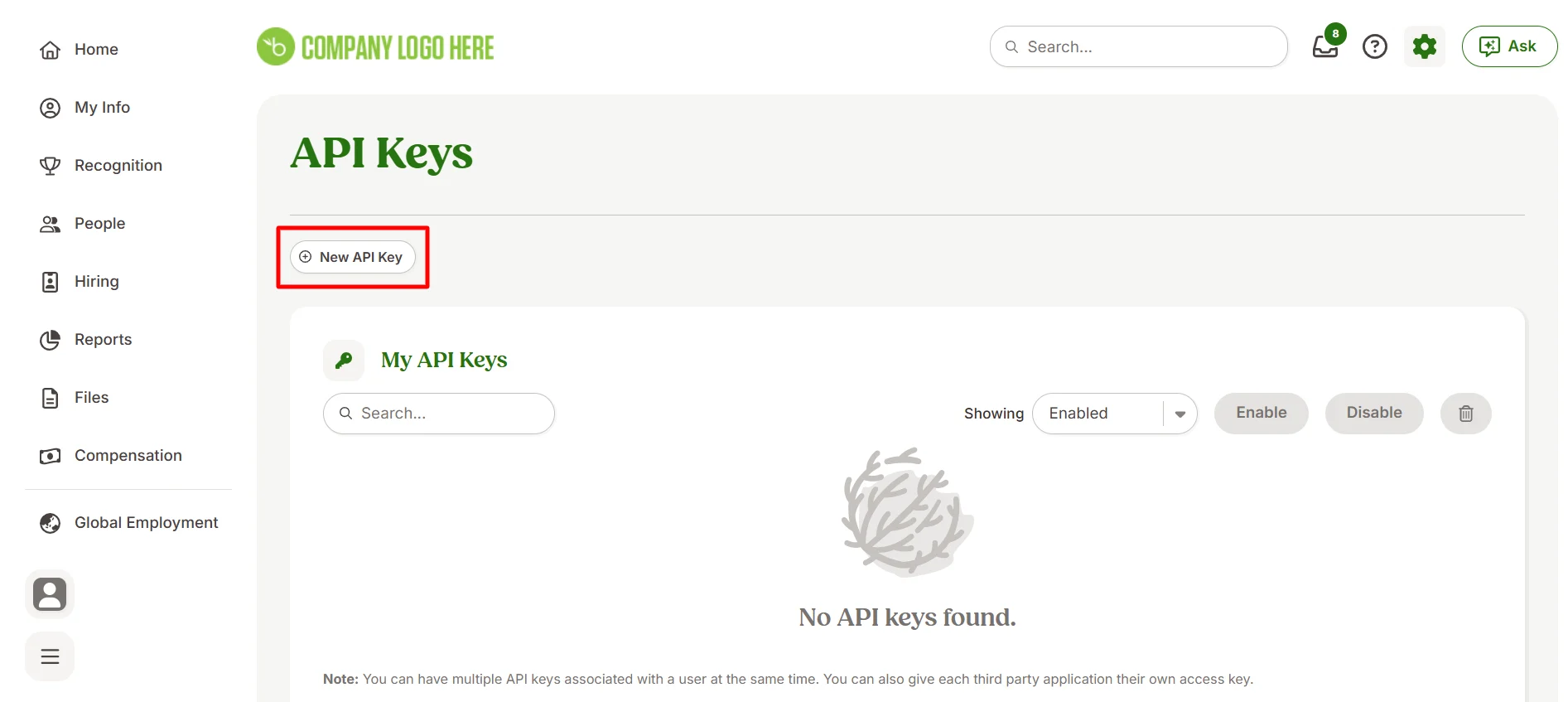 Click Add New Key and enter a name for the key in BambooHR