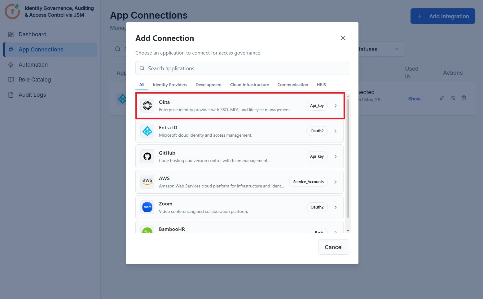 Select Okta from the list of integrations