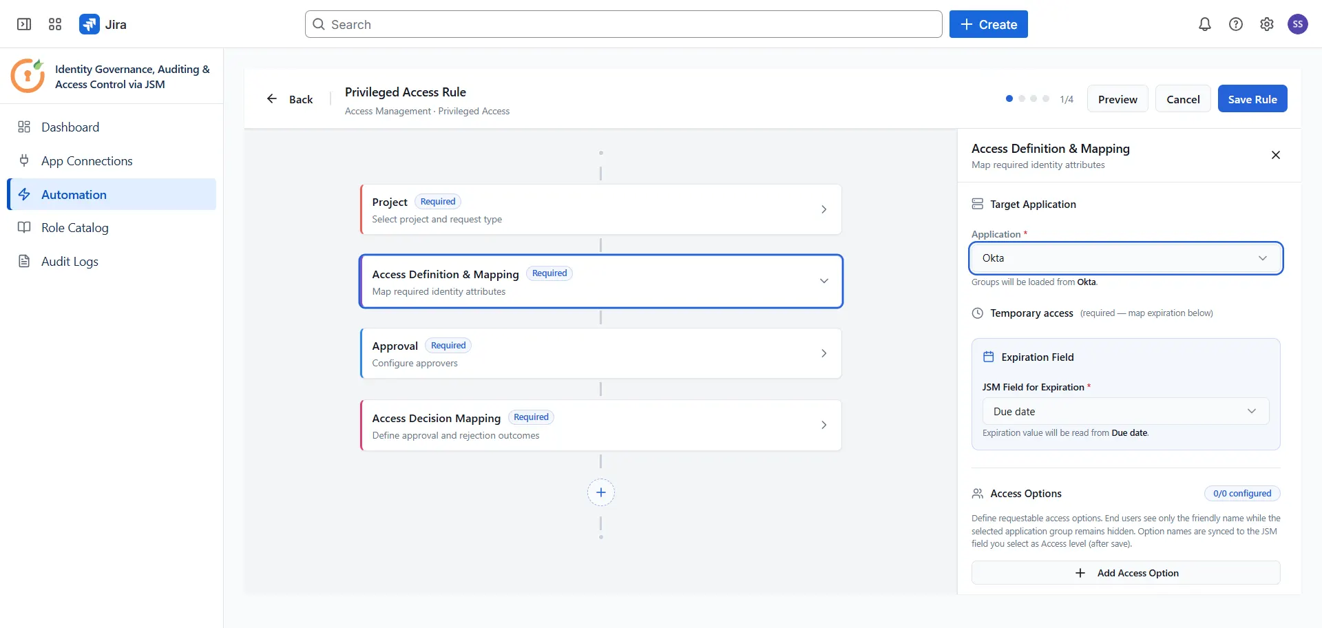 Select target application and expiration in access definition