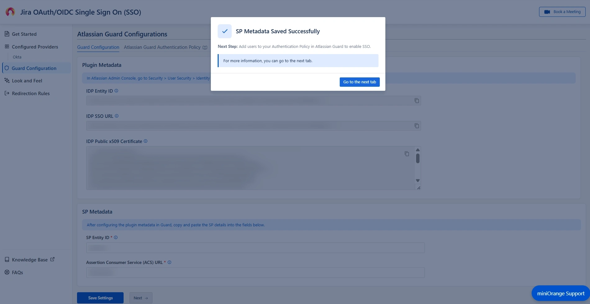 Atlassian Guard configurations page where SP Metadata tab can be found
