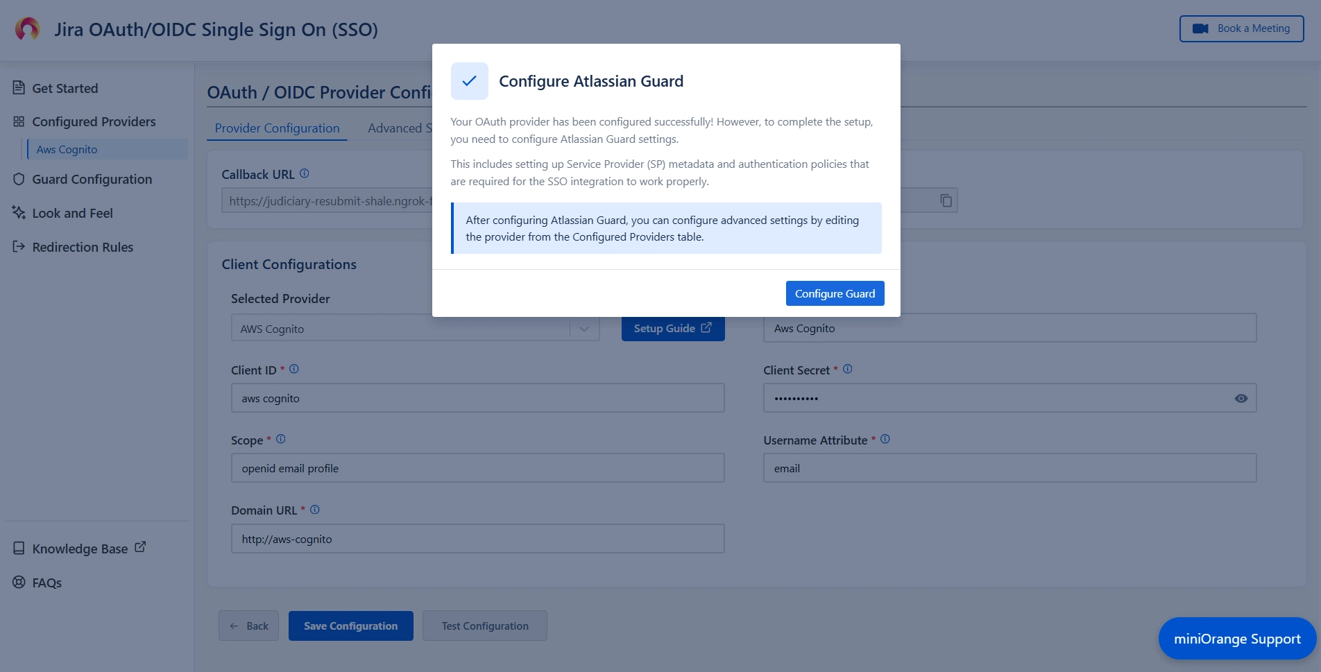 Pop-up notification asking to complete the Atlassian Guard configuration