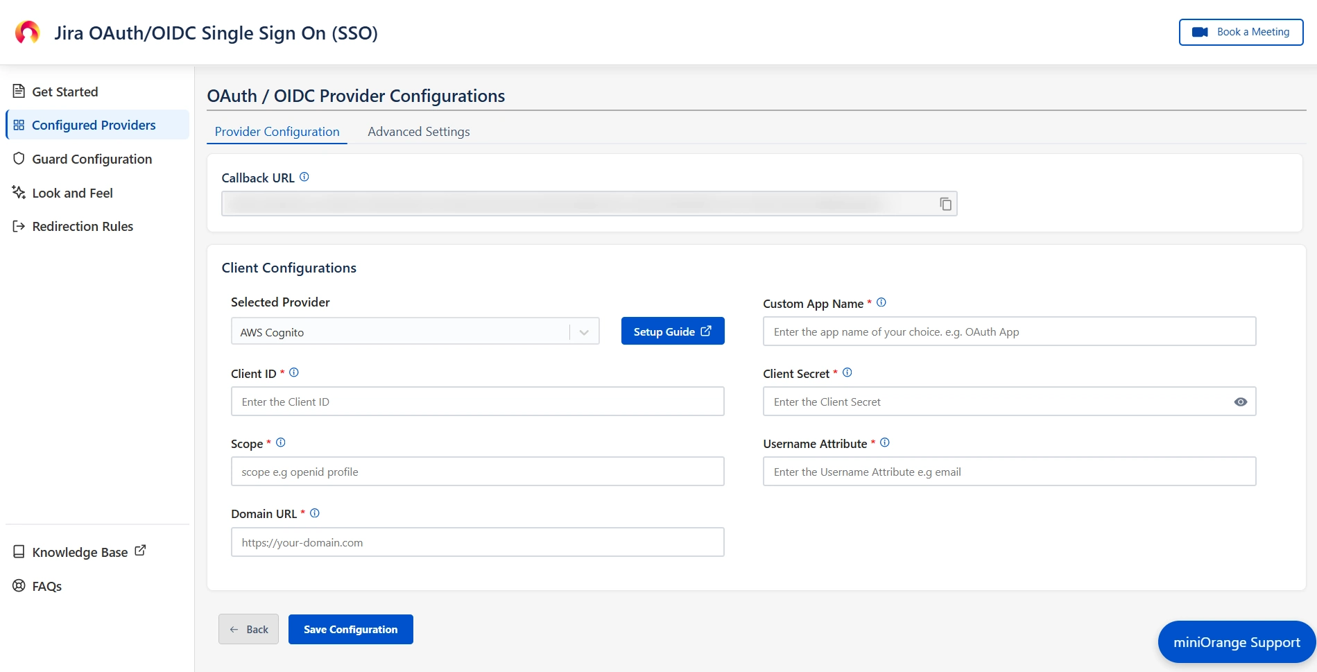 mO Jira OAuth/OIDC SSO app configuration page where Client ID, Client Secret, Scopes, and other required endpoints can be entered