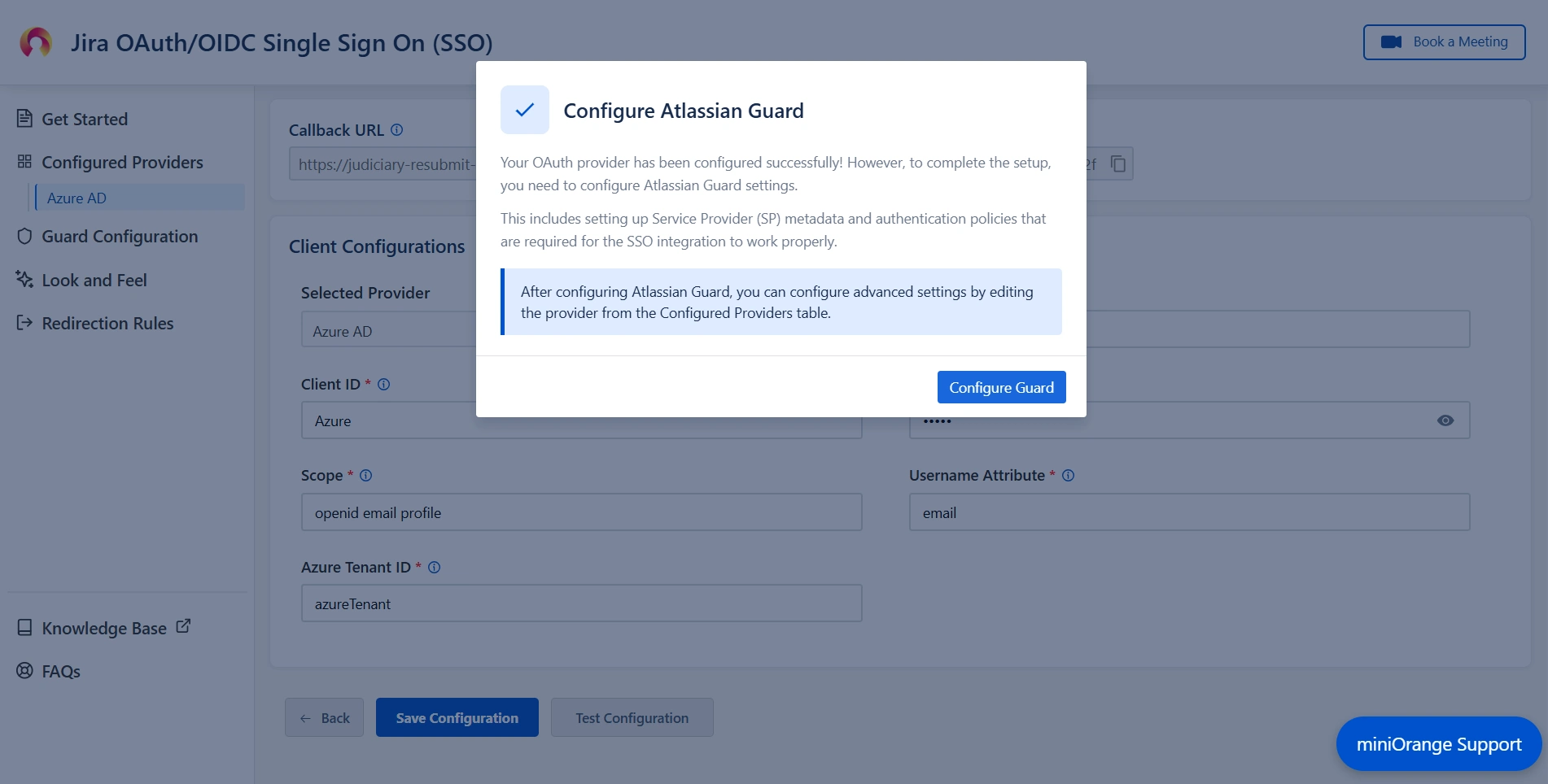 Pop-up notification asking to complete the Atlassian Guard configuration