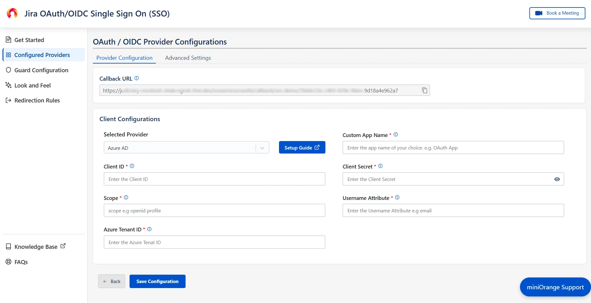 mO Jira OAuth/OIDC SSO app configuration page where Client ID, Client Secret, Tenant ID, and Scopes can be entered