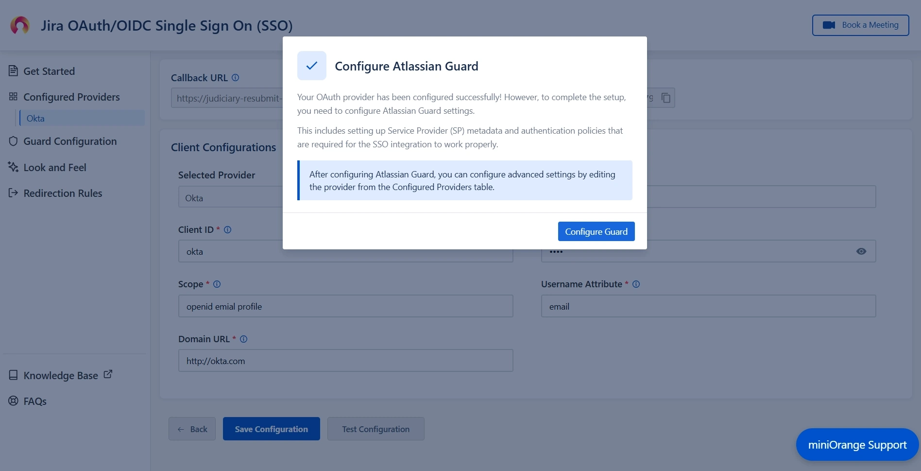 Pop-up notification asking to complete the Atlassian Guard configuration