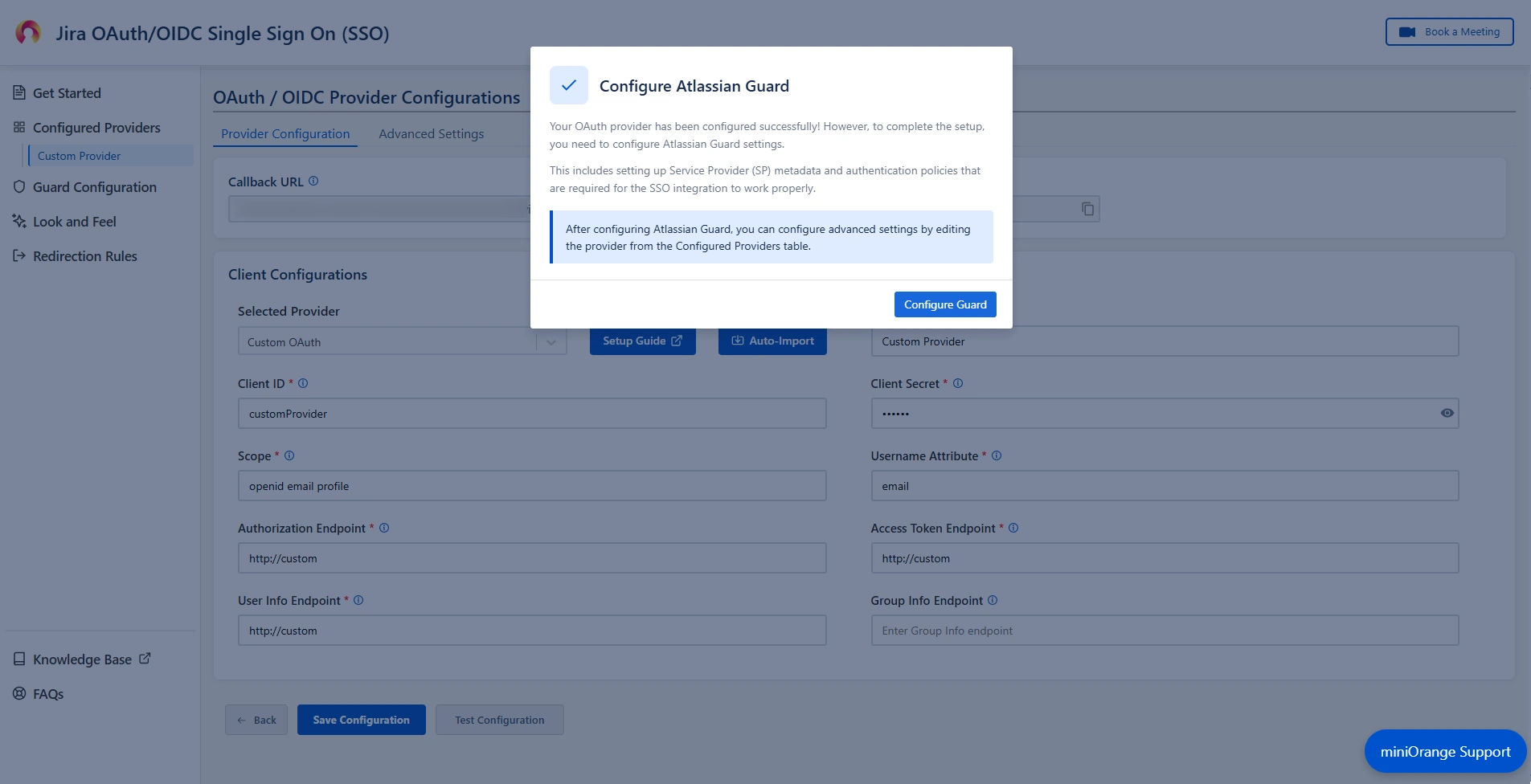 Pop-up notification asking to complete the Atlassian Guard configuration