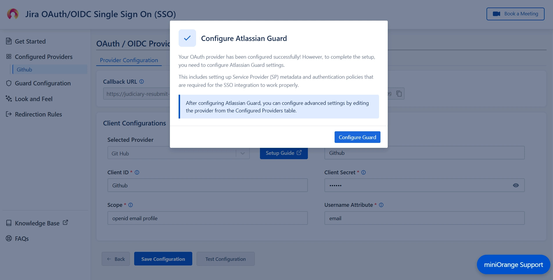 Pop-up notification asking to complete the Atlassian Guard configuration