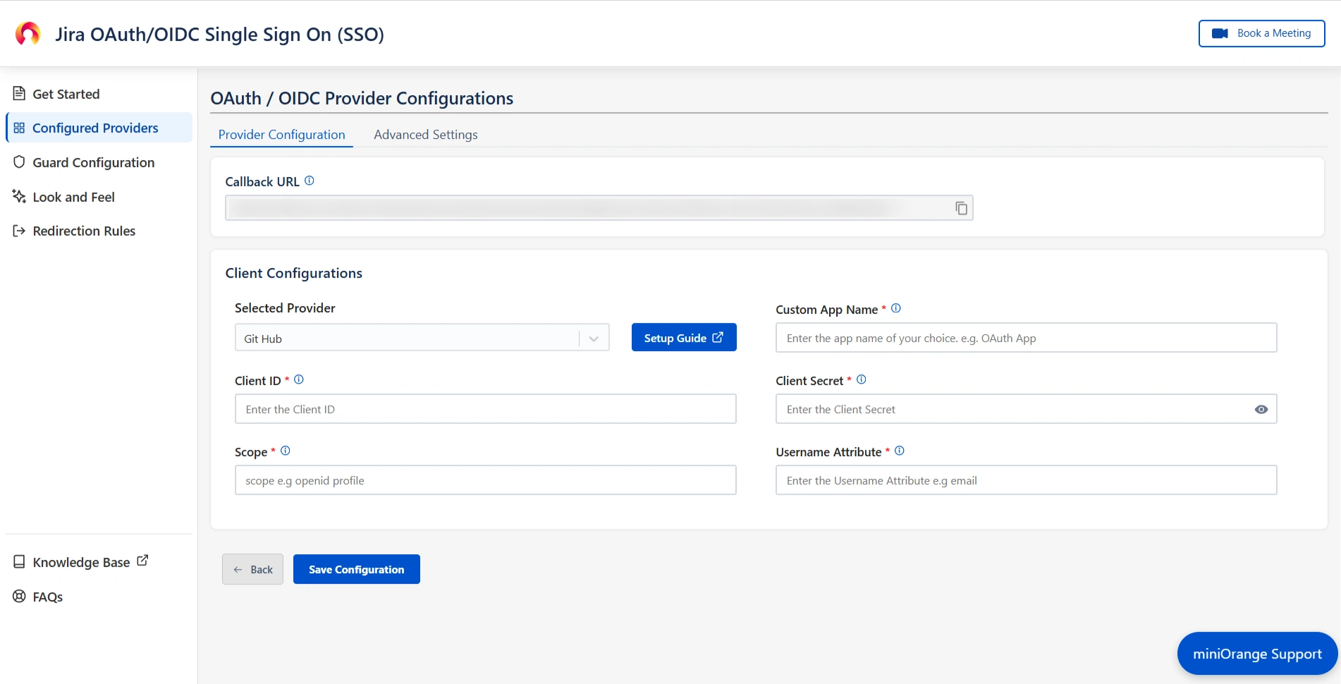 mO Jira OAuth/OIDC SSO app configuration page where Client ID, Client Secret, Scopes can be entered
