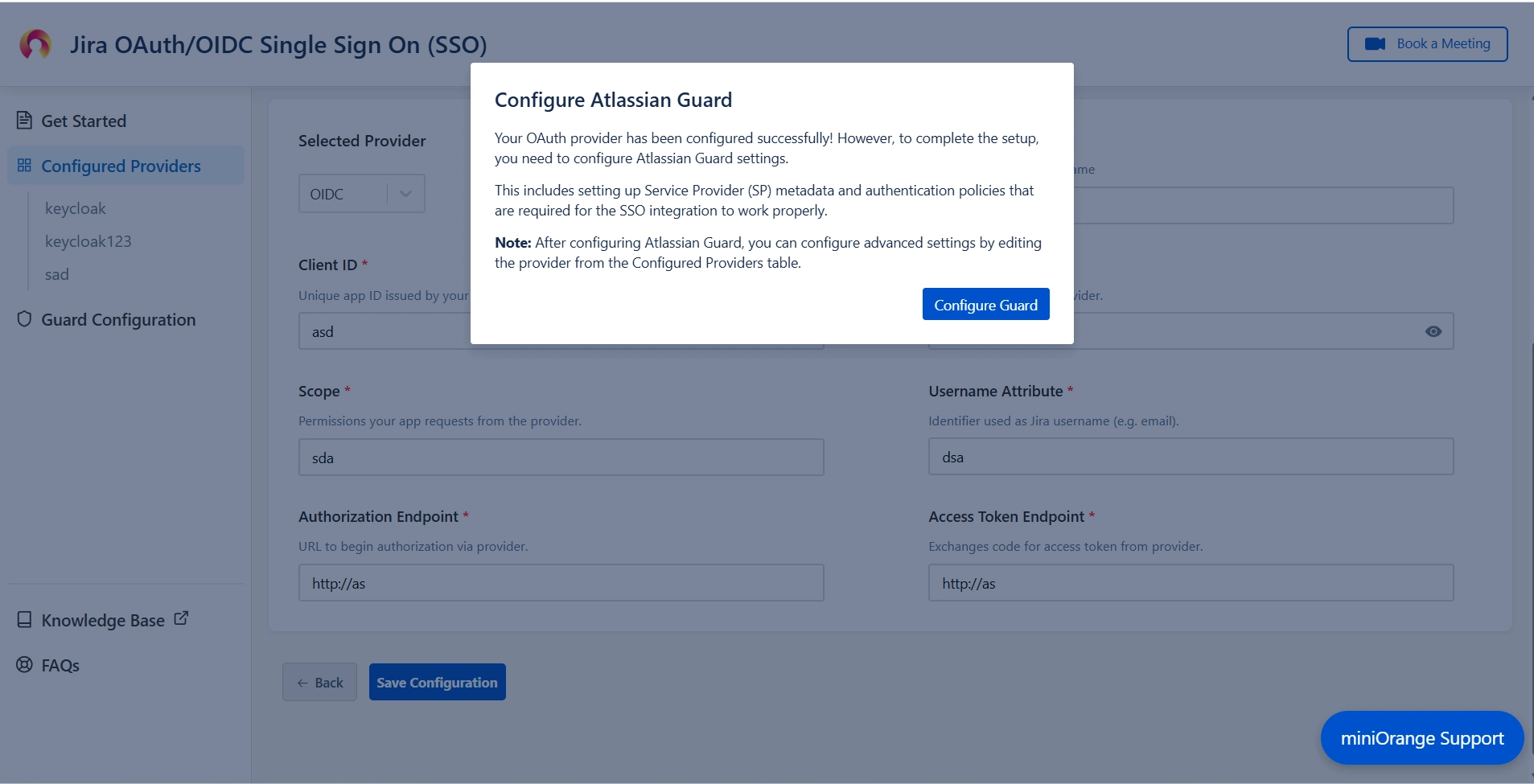 Pop-up notification asking to complete the Atlassian Guard configuration