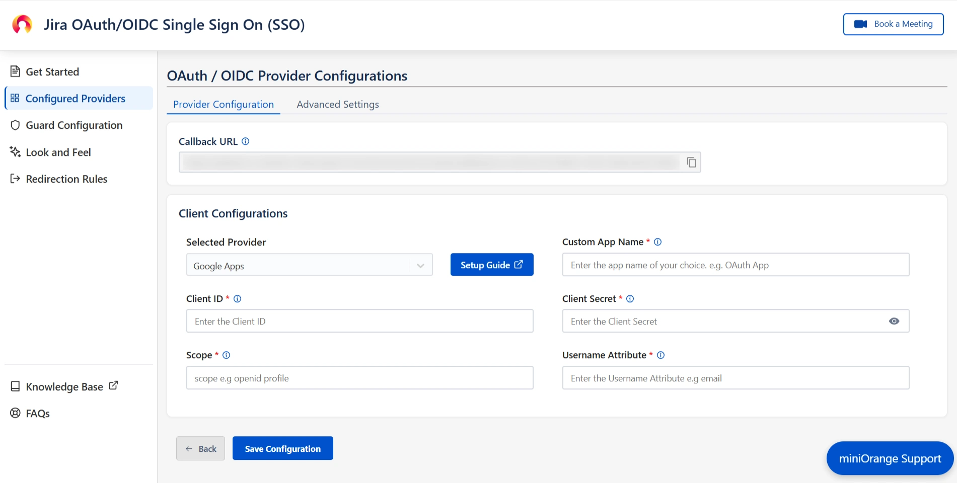 mO Jira OAuth/OIDC SSO app configuration page where Client ID, Client Secret, Scopes, username attribute can be entered