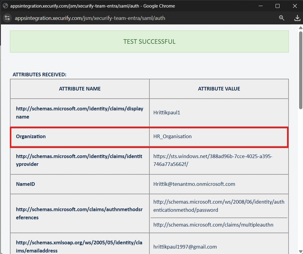 Test Connection results showing Organization attribute