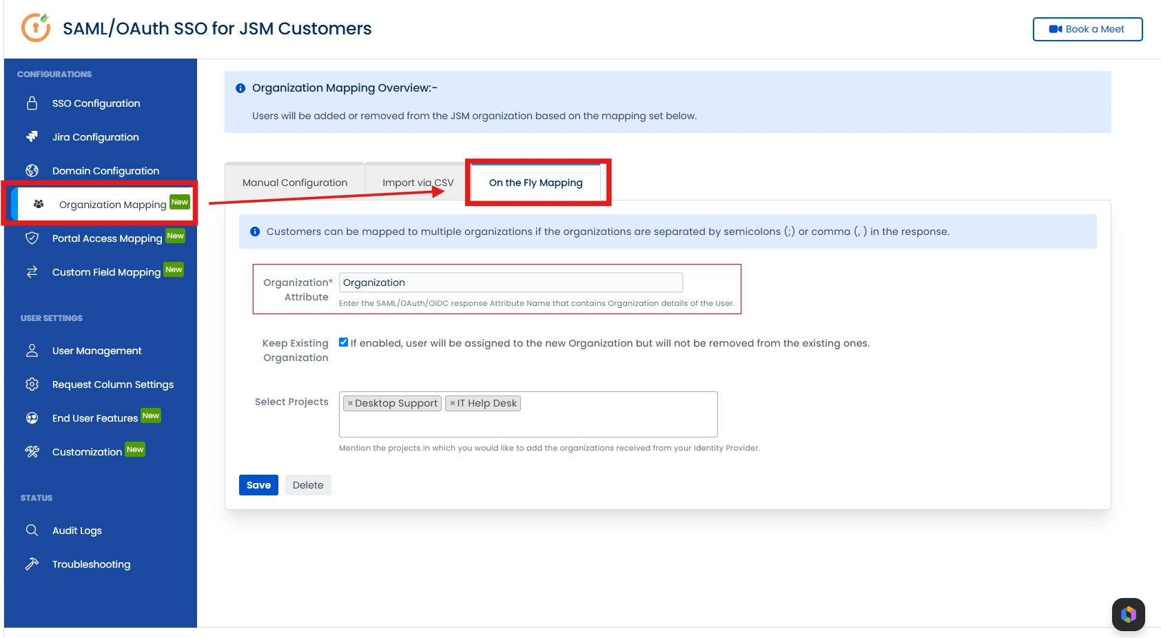 On the Fly mapping tab configuration