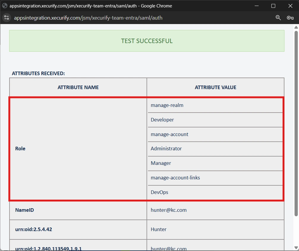 Test Connection results showing Role attribute from Keycloak