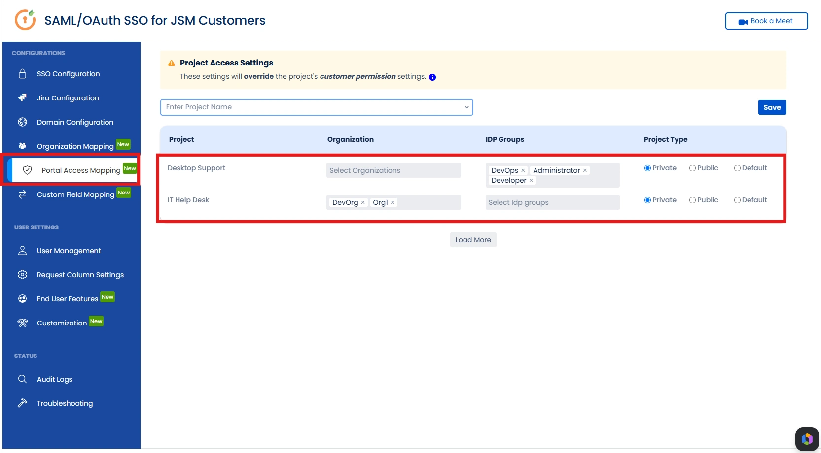 Portal Access Mapping linked to Technical Support Team organization