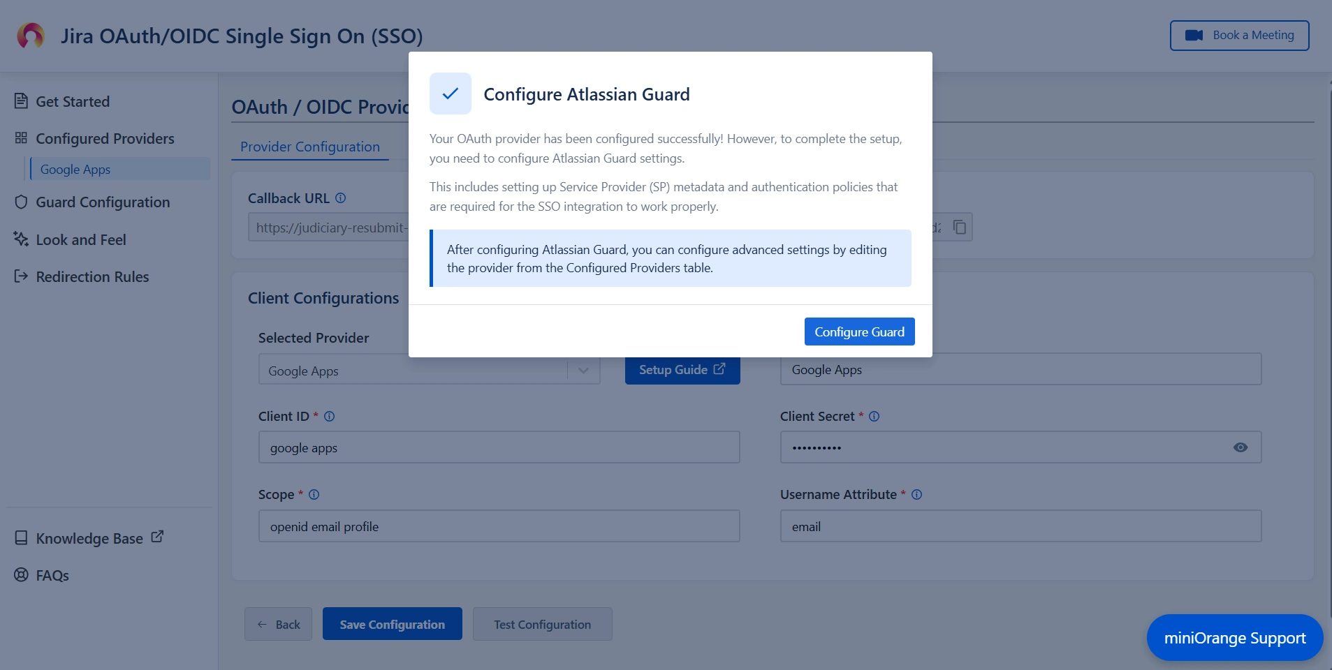Pop-up notification asking to complete the Atlassian Guard configuration