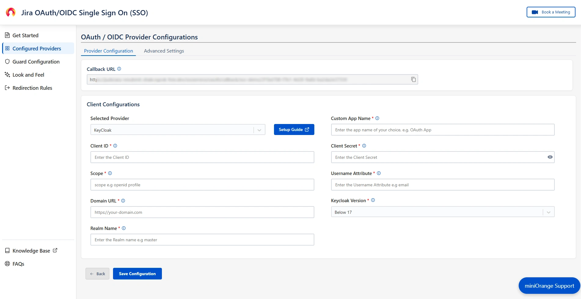 mO Jira OAuth/OIDC SSO app configuration page where Client ID, Client Secret, Realm Name, Domain URL, Keycloak version, and scopes can be entered