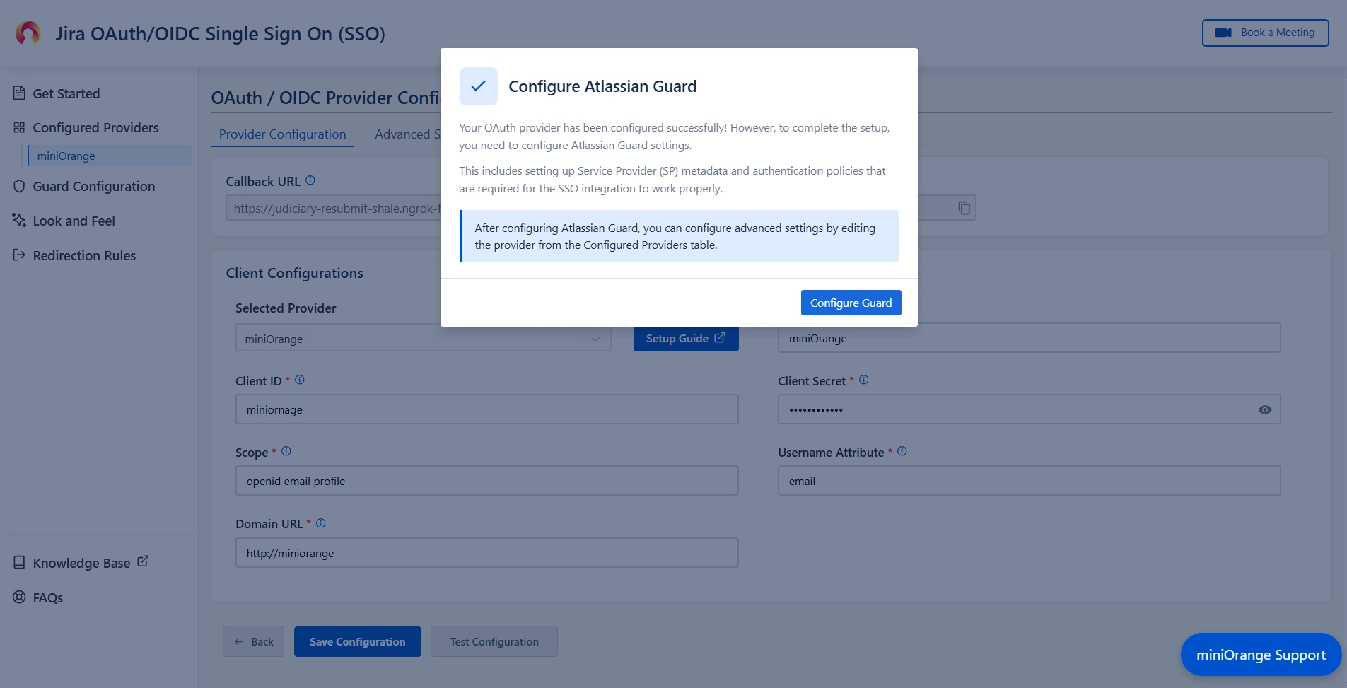 Pop-up notification asking to complete the Atlassian Guard configuration