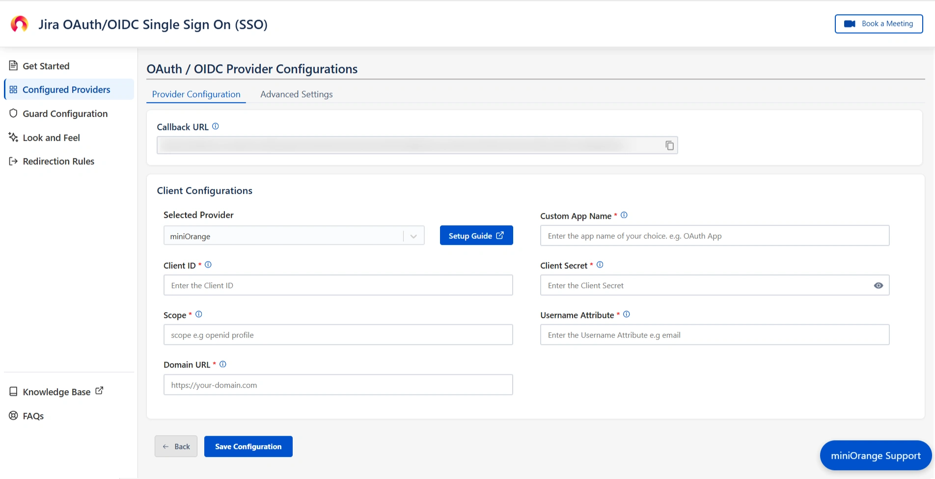 miniOrange provider dashboard with Client Configurations section highlighted