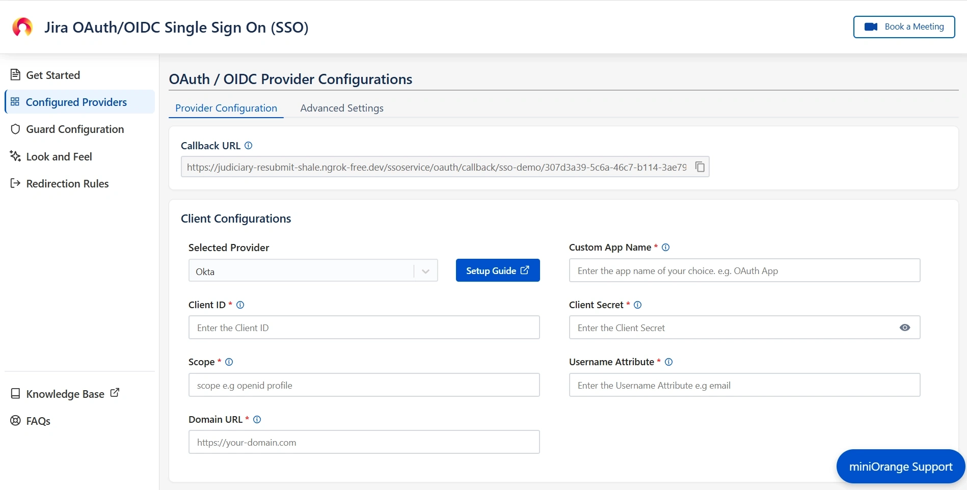 mO Jira OAuth/OIDC SSO app configuration page where Client ID, Client Secret, Scopes, and other required endpoints can be entered