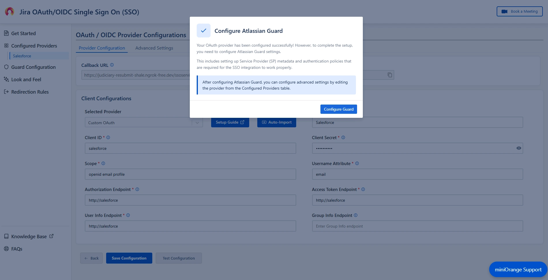 Pop-up notification asking to complete the Atlassian Guard configuration