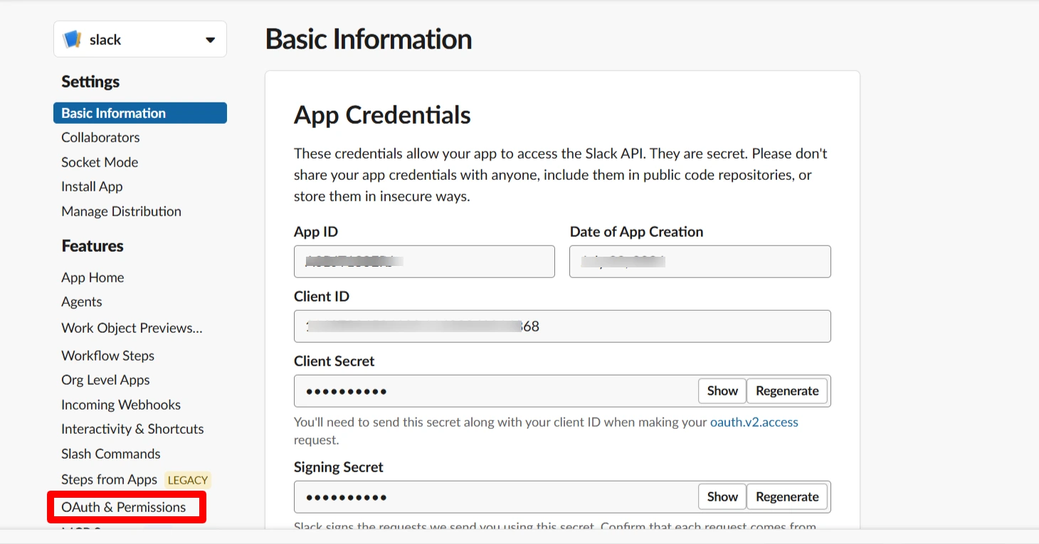 Slack OAuth & Permissions
