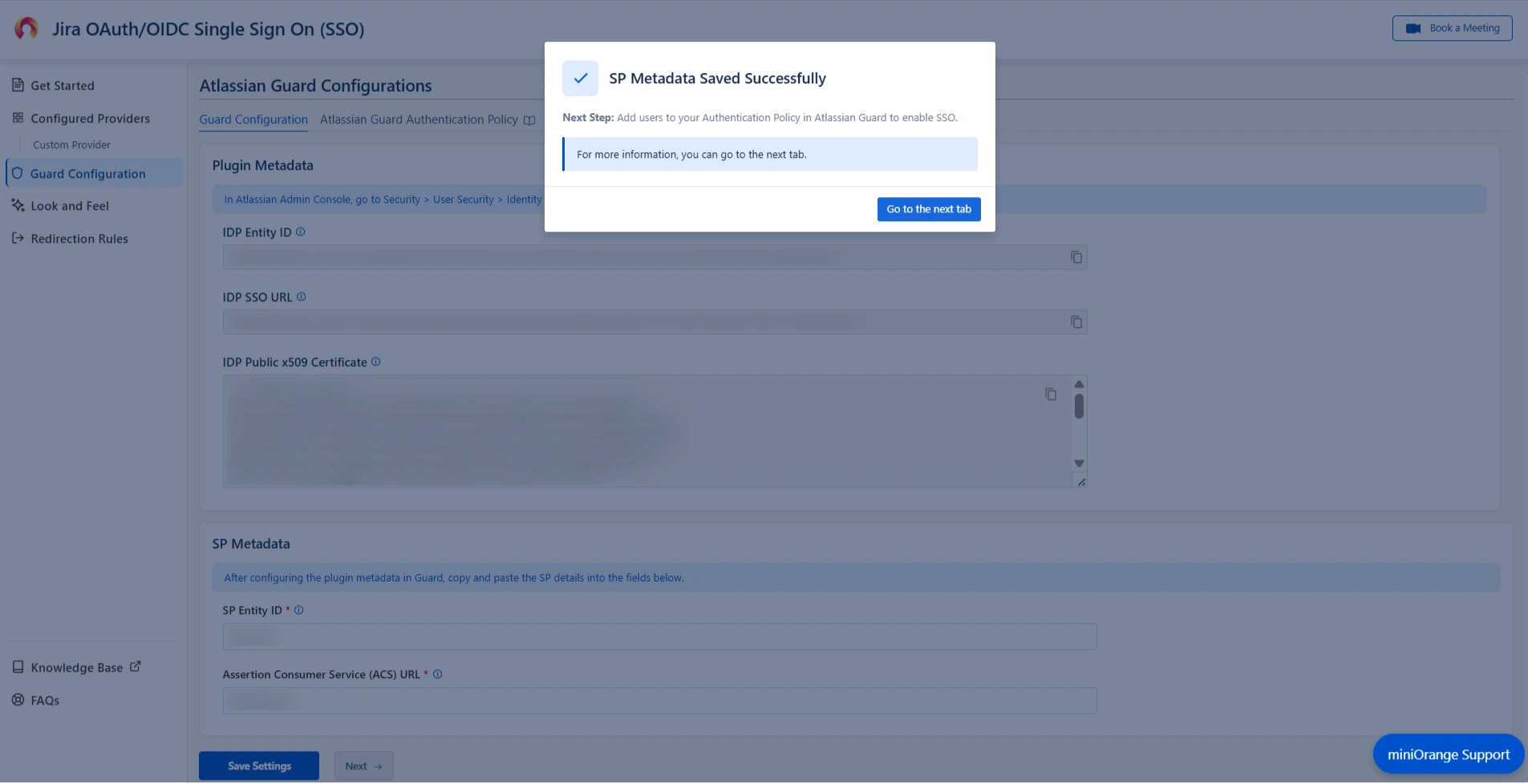 Atlassian Guard configurations page where SP Metadata tab can be found