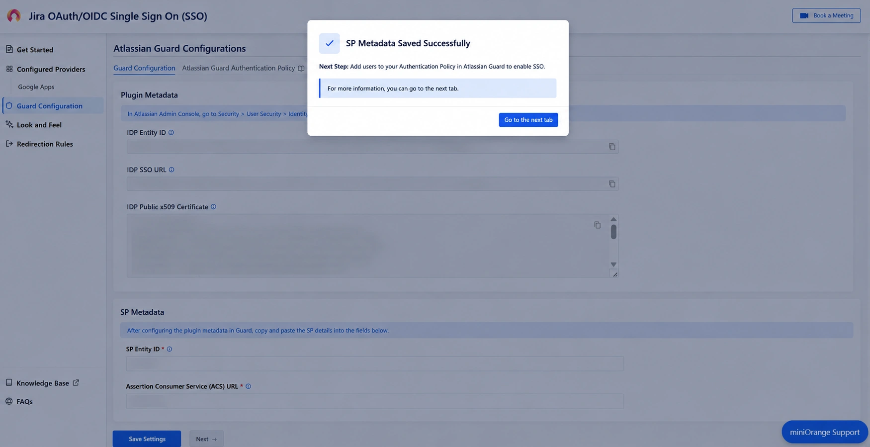 Atlassian Guard configurations page where SP Metadata tab can be found
