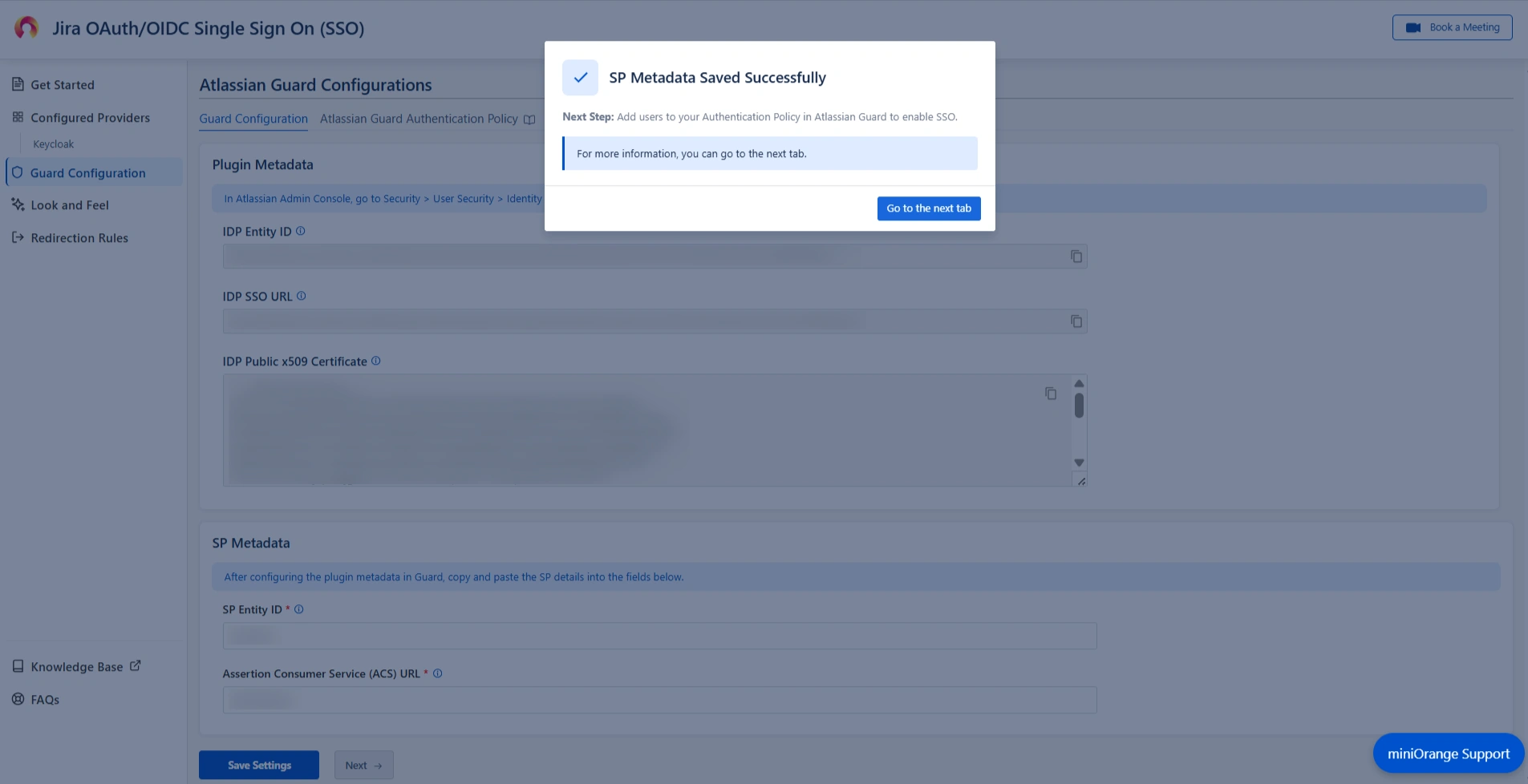 Atlassian Guard configurations page where SP Metadata tab can be found