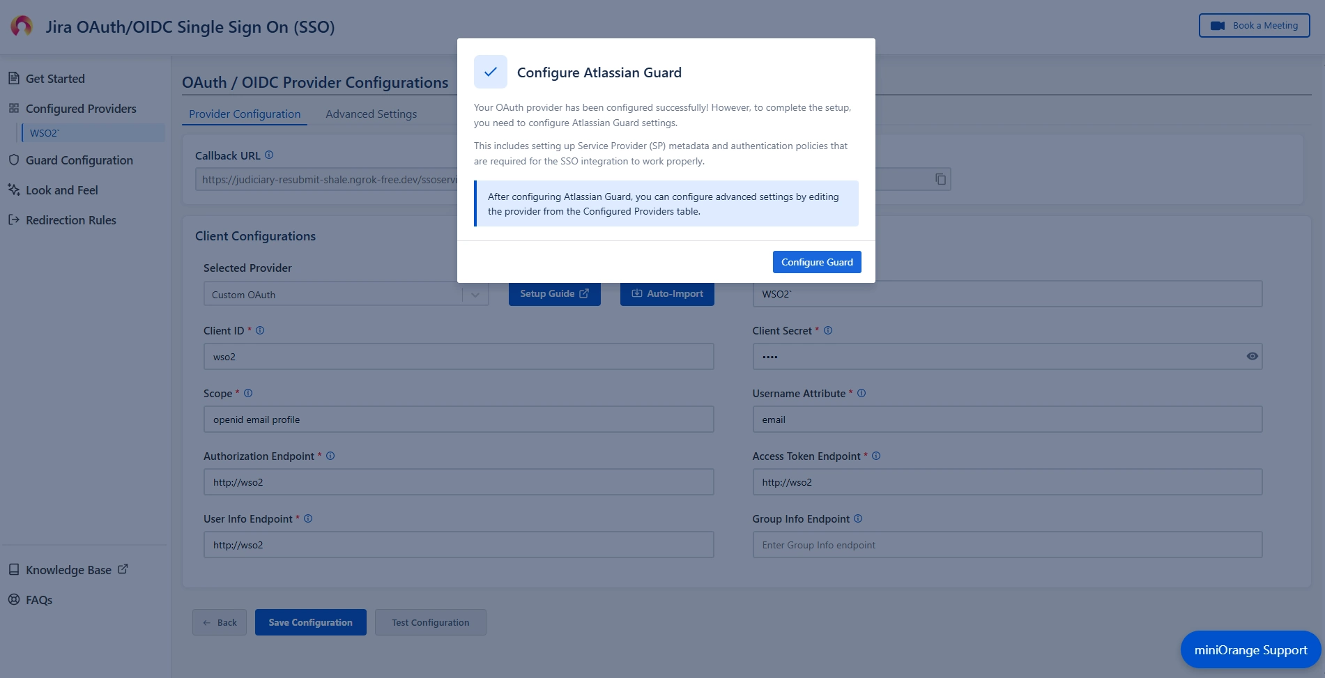 Pop-up notification asking to complete the Atlassian Guard configuration