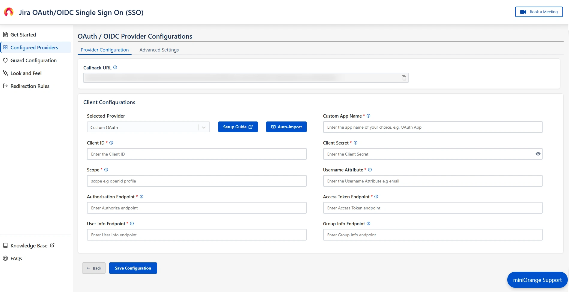 mO Jira OAuth/OIDC SSO app configuration page where Client ID, Client Secret, Scopes, and other required endpoints can be entered