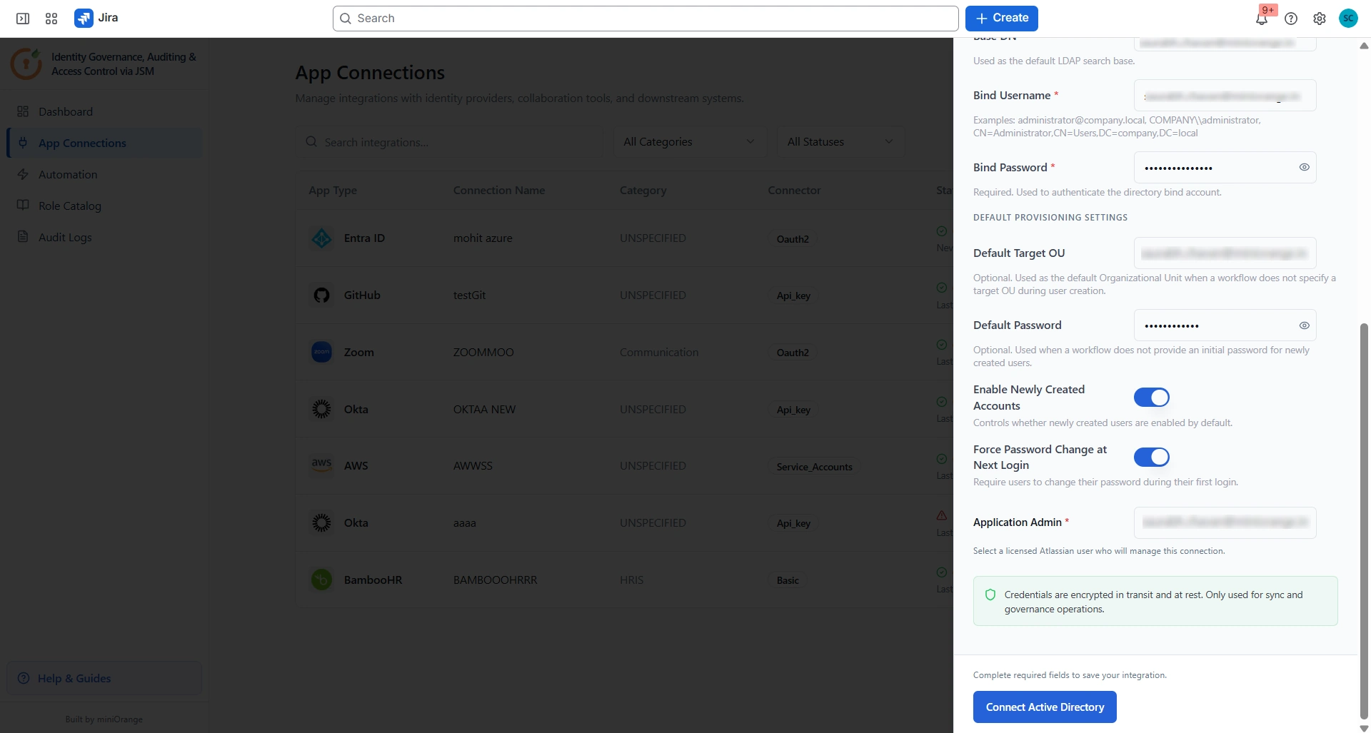 Application Admin, Connect Active Directory, and Test Connection options