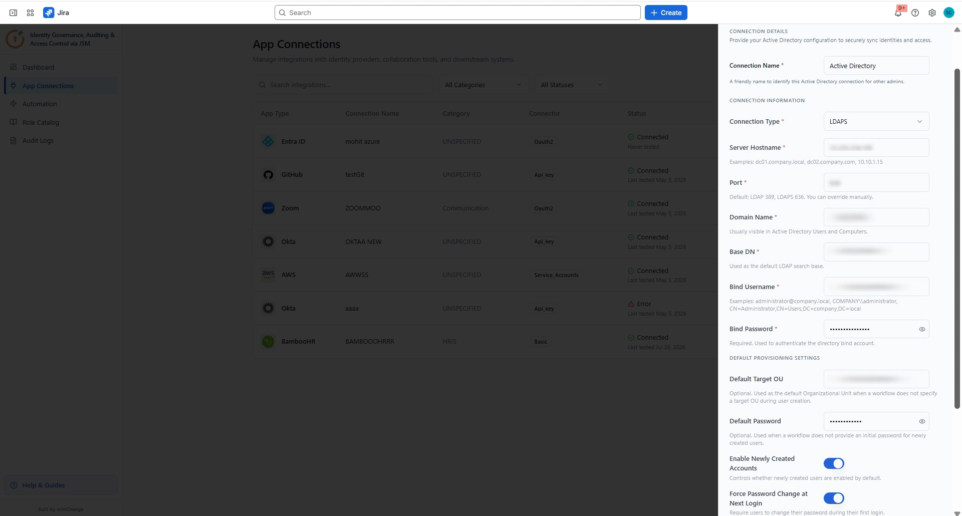 Default Target OU, Default Password, Enable Newly Created Accounts, and Force Password Change settings