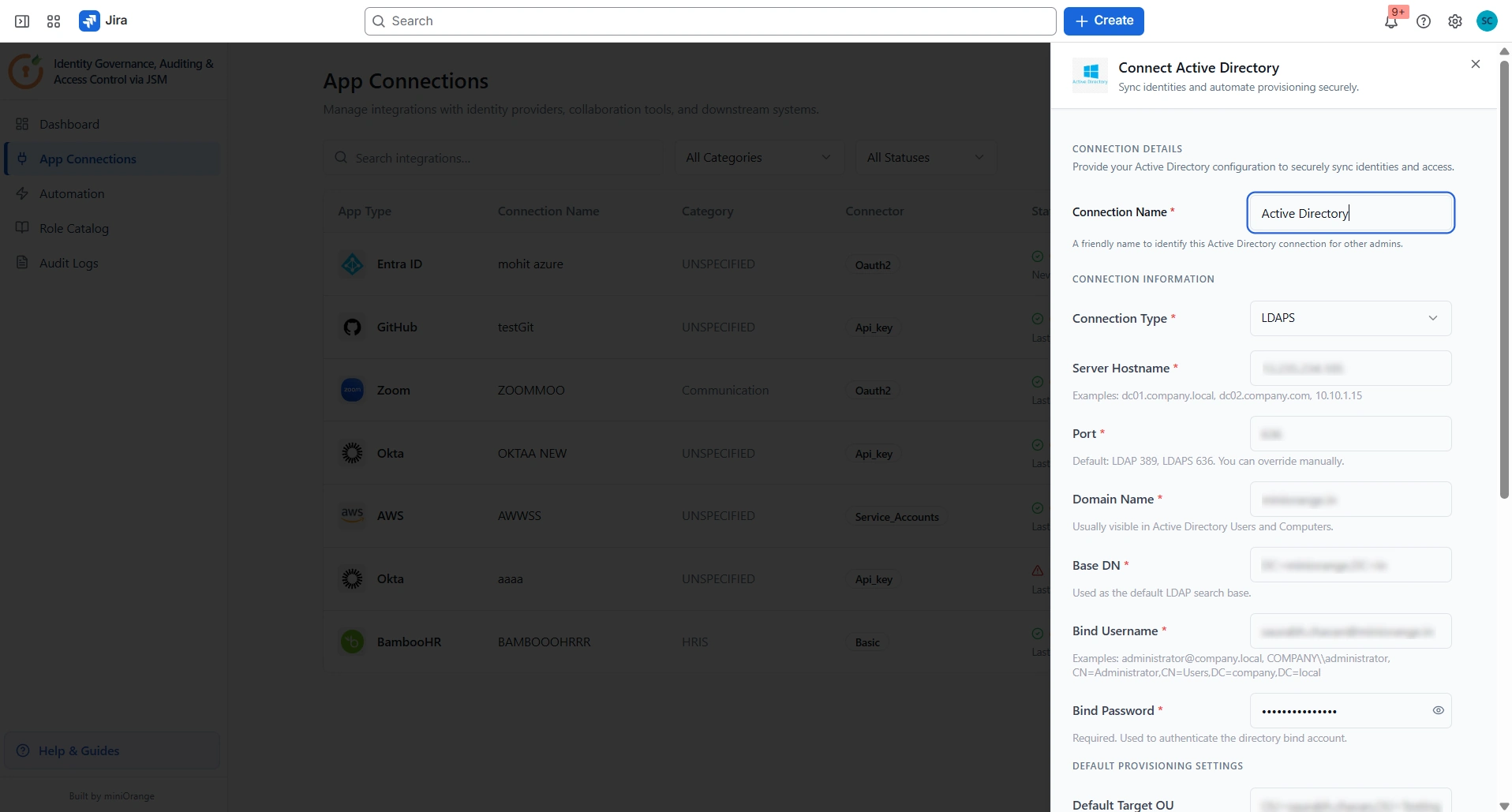 Enter the connection details for Active Directory