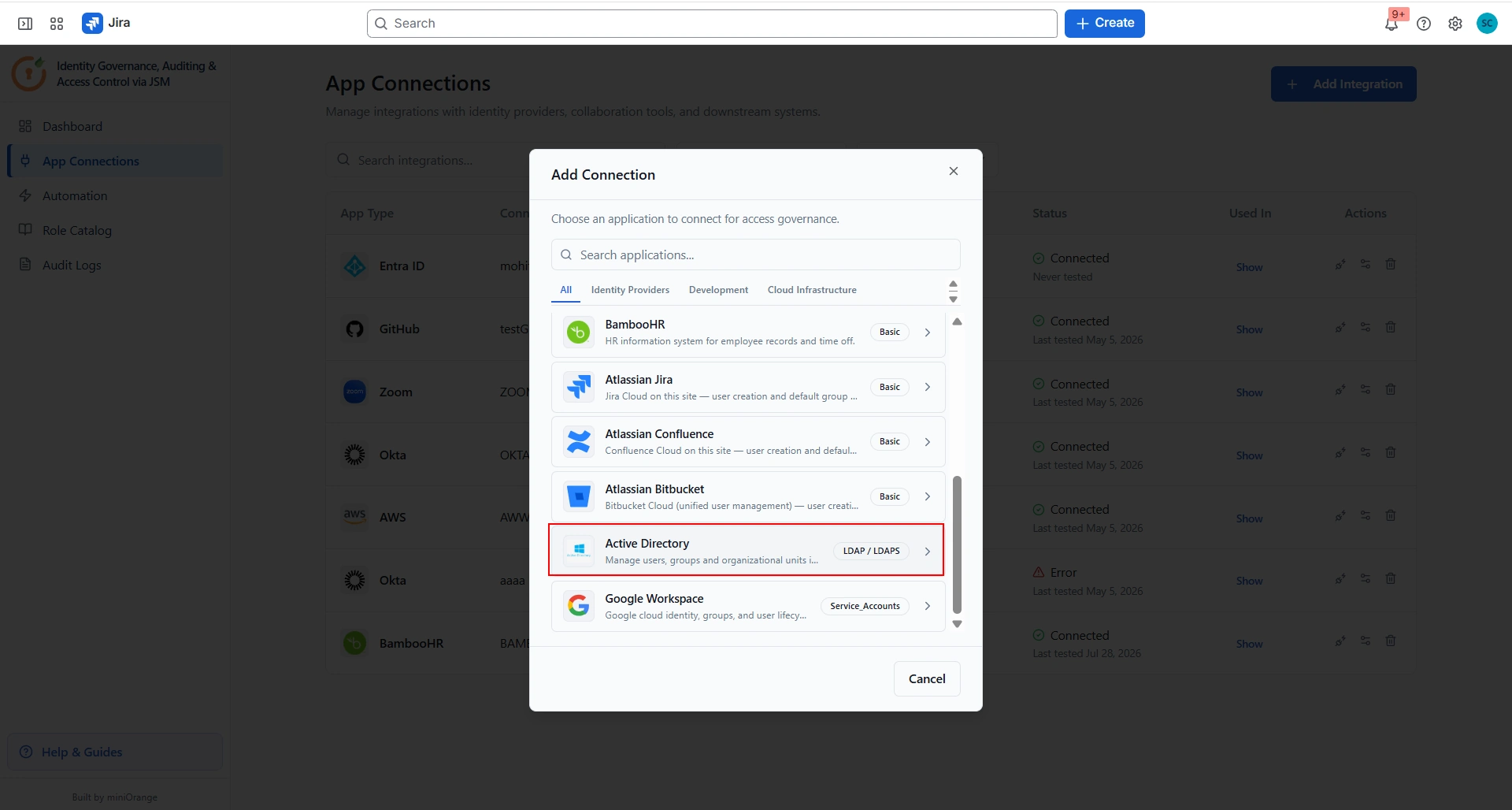 Navigate to App Connections and add an Active Directory connection