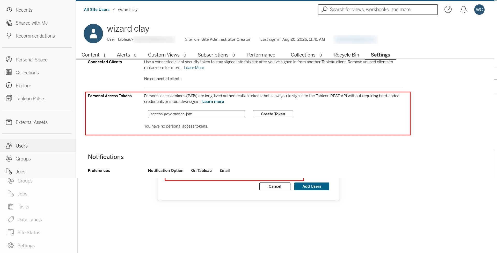 Tableau Cloud Personal Access Tokens section with Create new token