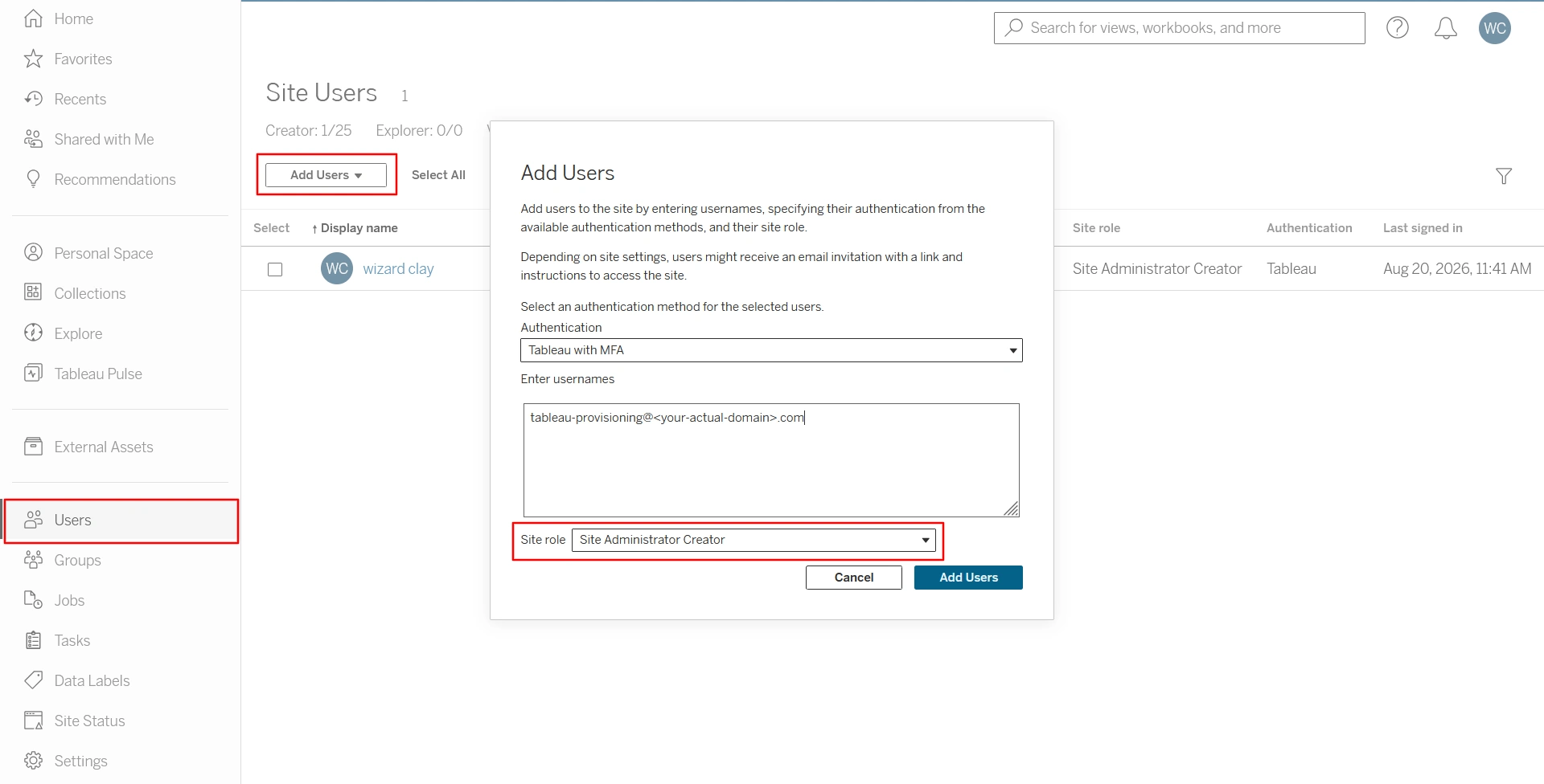 Tableau Cloud Users page showing site users and Site Administrator roles