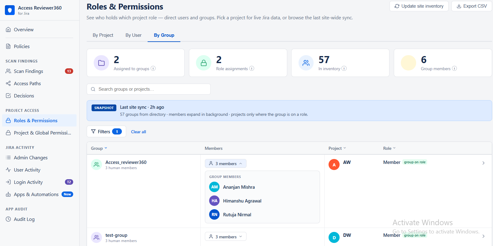Access Reviewer360 Roles and Permissions by Group